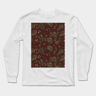 Christmas tree branches and berries - brown and sap green Long Sleeve T-Shirt